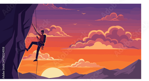 Adventure climber ascending cliff at sunset with dramatic sky