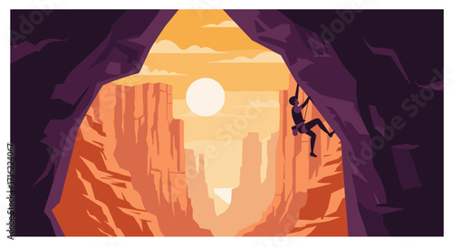 Sunset adventure: rock climber scaling dramatic canyon in silhouette style