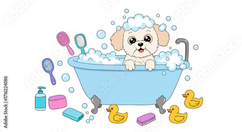 Cute fluffy dog bathing in tub with yellow rubber ducks and bubbles