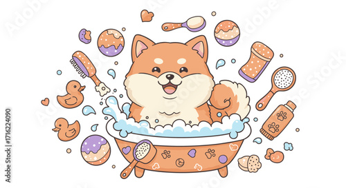 Cute shiba inu in bubble bath with toys and grooming accessories in cartoon style