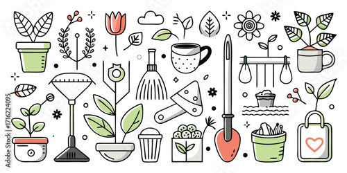 Charming doodle art of gardening tools and plants for a beautiful garden