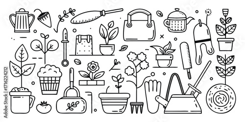 Hand drawn gardening tools and plants sketch collection for gardeners and hobbyists