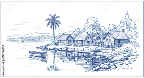 Vintage coastal scene with rustic cottages reflecting on calm waters in a line art style