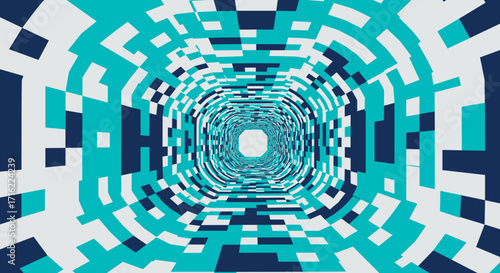 Futuristic geometric tunnel with dynamic blue mosaic pattern