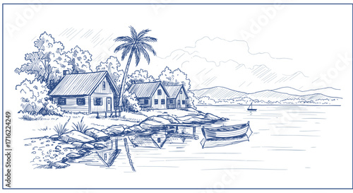 Coastal village landscape drawing with cottages and boats by the water