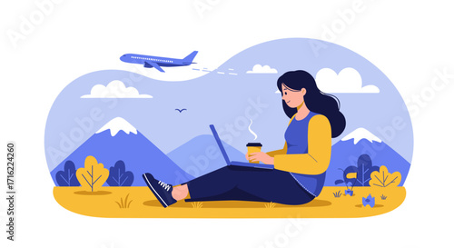 Woman working remotely in nature with laptop and coffee