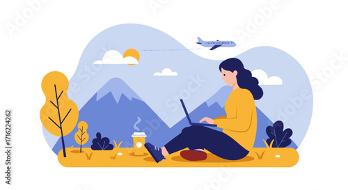 Digital nomad outdoors: woman working remotely in nature with mountain view
