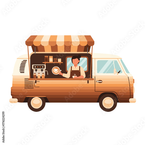 Cheerful barista preparing a specialty coffee with latte art inside a charming retro-style mobile food truck