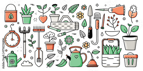 Collection of hand drawn gardening tools and plants perfect for your next project