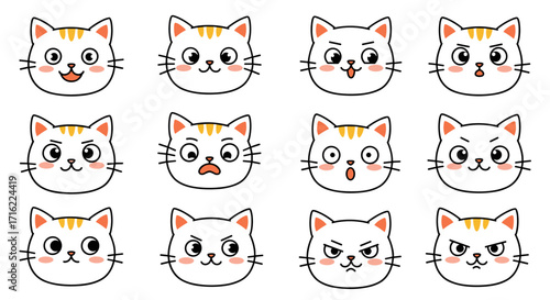 Cute cat faces with various expressions in simple cartoon style