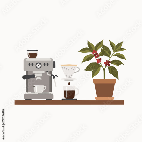 Coffee brewing station with an espresso machine, pour-over, and coffee plant on a shelf