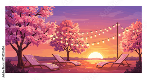 Sunset glow: tranquil pink blossom spring evening with string lights