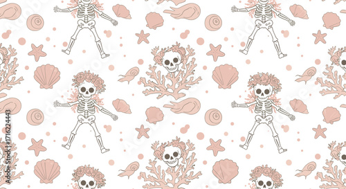 Seamless skeleton and seashell pattern in pastel nautical style