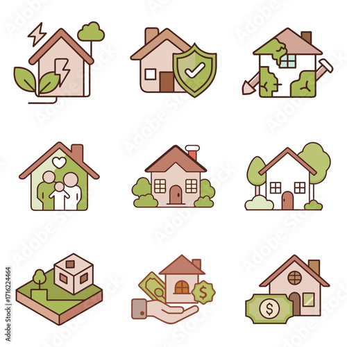 Real estate property management icons collection houses with greenery security finance and investment themes 