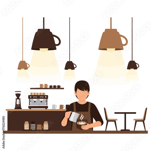 A barista pouring latte art in a cozy coffee shop with warm lighting and modern decor