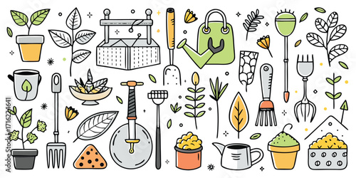 Diverse collection of hand-drawn gardening tools and plants for a blooming garden
