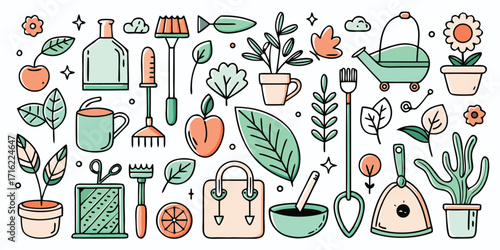 Charming collection of hand-drawn gardening tools and plants for creative projects