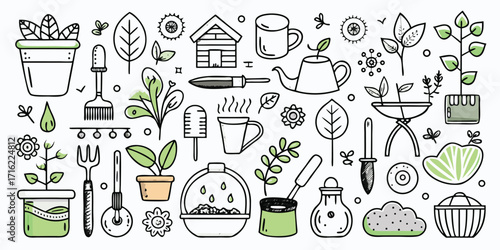 Hand-drawn collection of gardening tools plants and accessories for a thriving garden