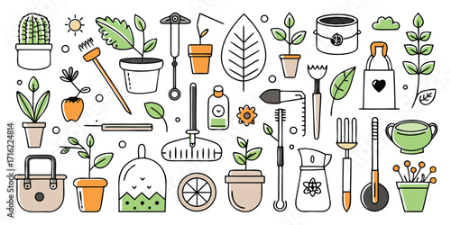 Whimsical doodle collection of gardening tools and potted plants for garden enthusiasts