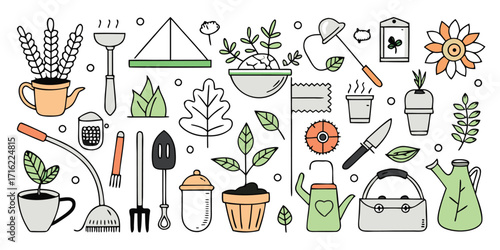 Diverse gardening tools and plants collection hand-drawn style elements for your garden design