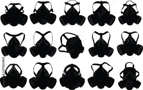 silhouette, gas, mask, respirator, filter, safety, protect, face, gear, equipment, industrial, hazard, vector, black, icon, design, PPE, object, shape, illustration