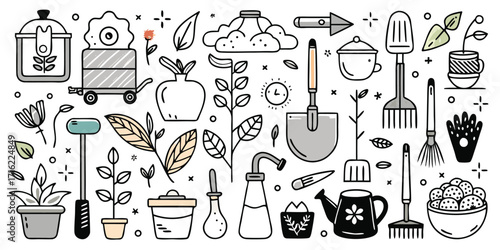 Doodle sketch of assorted gardening tools and plants for your hobby garden