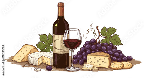 Gourmet wine and cheese pairing with grapes and crackers in elegant still life