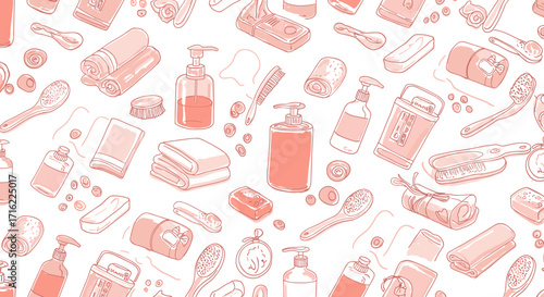 Seamless pattern of bath and spa items in a soft monochrome hand-drawn style