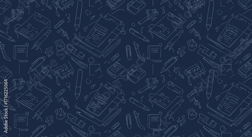 Seamless pattern of office supplies on dark background