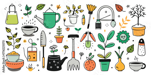 Whimsical gardening tools and plants set for creative projects and designs