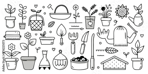 Whimsical hand-drawn garden elements collection featuring tools plants and accessories