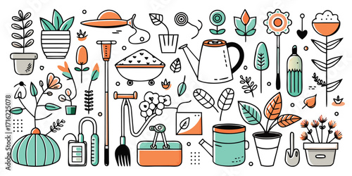 Charming hand-drawn gardening tools and plants collection for creative projects