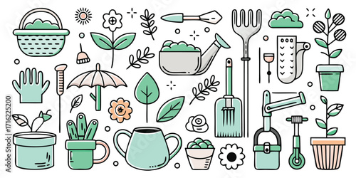 Collection of hand-drawn gardening tools and plants for creative projects