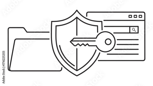 Data security concept with folder, shield, key, and browser isolated on white background