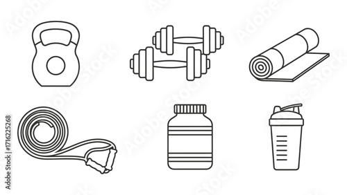 Fitness equipment line art isolated on white background for gym and workout