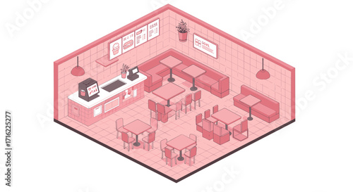 Cozy pink cafe interior in isometric style with modern design elements