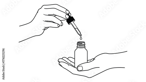 Hand holding dropper with liquid isolated on white background in line art