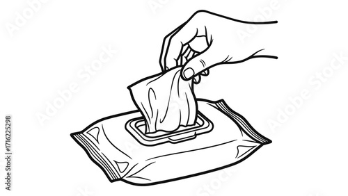 Hand taking wet wipe isolated on white background in line art illustration