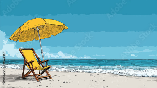 Sunny Beach Scene with Umbrella and Chair under Clear Blue Sky