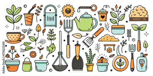 Whimsical assortment of gardening tools and plant elements for creative projects