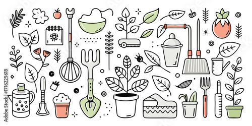 Hand-drawn collection of essential gardening tools and supplies for planting and cultivation