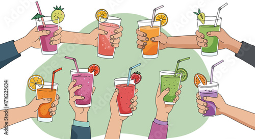 Colorful hand-drawn drinks with fruits and straws in vibrant glasses