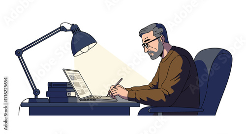 Man working at night: desk lamp, laptop, and writing in home office