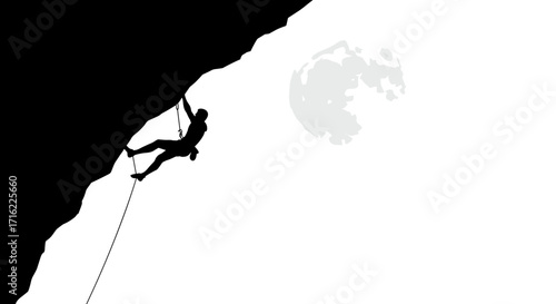 Silhouette of rock climber on cliff against full moon with white background
