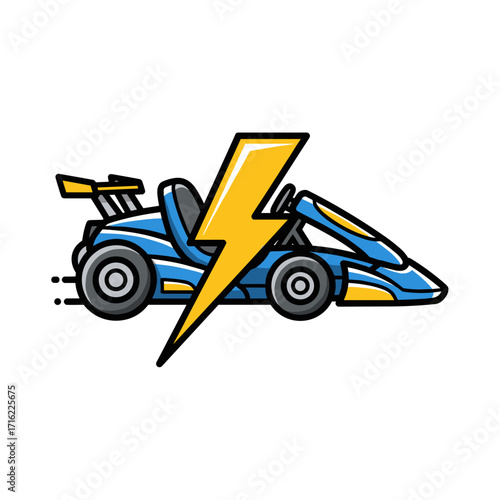 Blue racing go kart with yellow lightning bolt symbol representing speed and power.