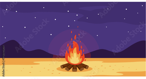 Cozy campfire under starry night sky in minimalist style
