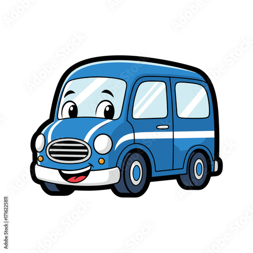 Cute Blue Cartoon Van Character with a Friendly Smile.