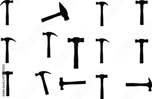 silhouette, hammer, tool, claw, mallet, sledge, carpentry, construction, equipment, repair, work, hardware, metal, handle, head, strike, vector, black, icon, design