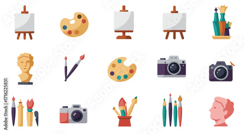 Art studio collection with easels, paints, cameras, and sculptures in flat design
