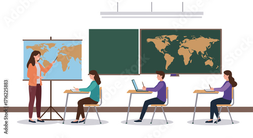 Classroom geography lesson with teacher and students in flat design